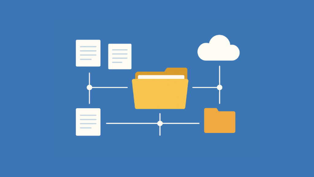 Illustration on a blue background showing a central yellow folder connected to multiple document icons and a cloud, representing document storage and sharing.