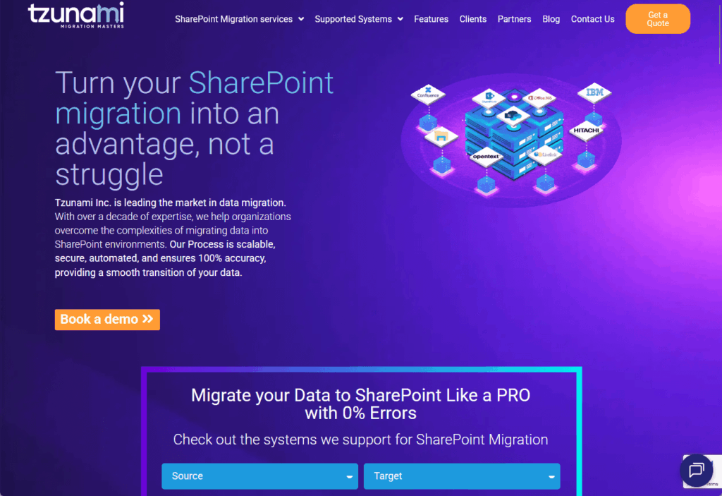 Tzunami homepage promoting sharepoint migration tool