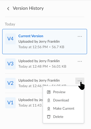 Box version history panel showing multiple uploaded versions of a file by Jerry Franklin, with options to preview, download, make current, or delete a selected version.