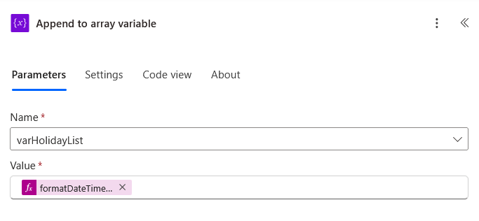A screenshot of a Power Automate action titled Append to array variable. The Name field is set to varHolidayList and the Value field contains a function starting with formatDateTime.