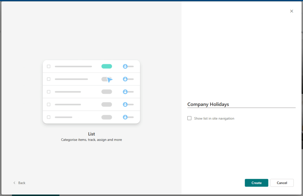 A software interface for creating a list titled Company Holidays, with options to show the list in site navigation and buttons to create or cancel. An illustration of a checklist appears on the left side.