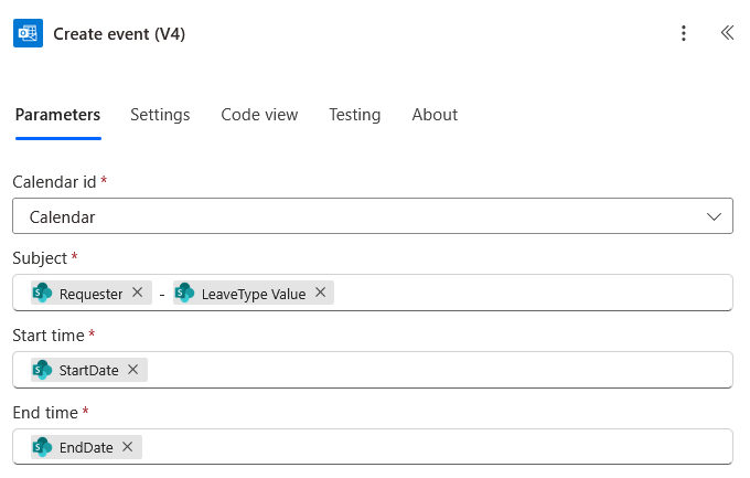 A form to create a calendar event in an app, showing fields for Calendar id, Subject, Start time, and End time. Subject contains Requester and LeaveType Value; Start and End times use dynamic values.