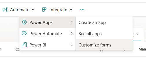 A dropdown menu showing options for Power Apps, Power Automate, and Power BI, with Power Apps expanded to reveal Create an app, See all apps, and Customize forms.