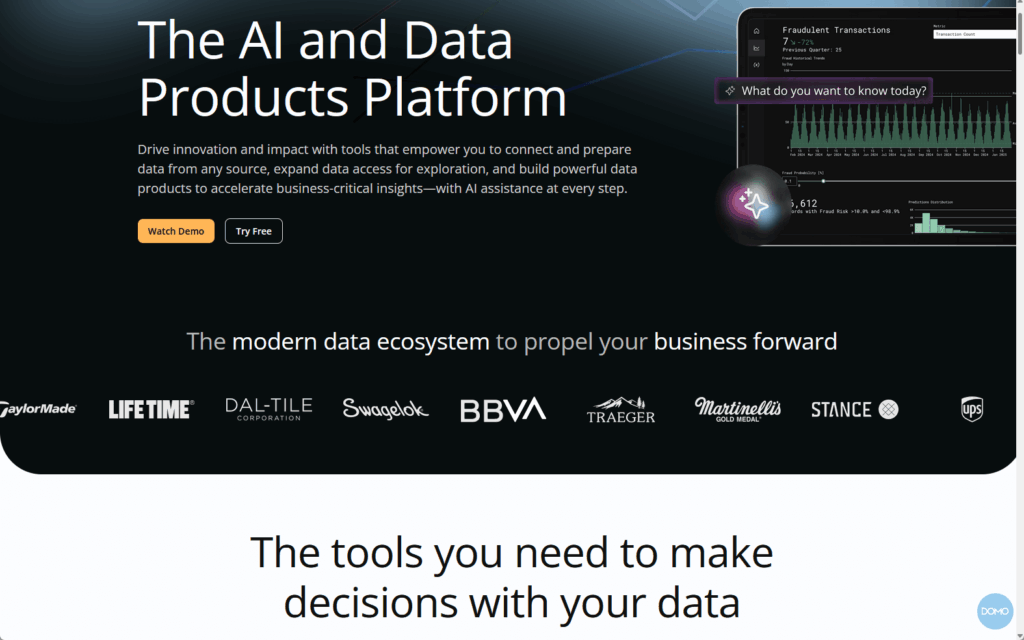A website homepage promoting an AI and data products platform, highlighting features like data connectivity and insights. Logos of various companies are displayed under the heading, “The modern data ecosystem to propel your business forward.”.