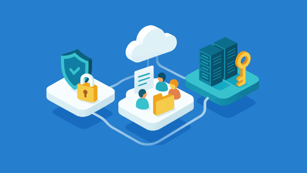 Illustration of cloud computing: a cloud connects a shield with a lock, people with a folder, and servers with a key, symbolizing secure data sharing and storage.