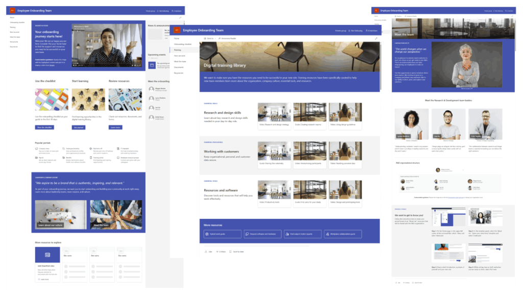 Screenshot showing multiple SharePoint pages from the Employee Onboarding Team template, including onboarding checklists, digital training library, and meet-the-team sections. The design uses a blue and white layout with photos, learning resources, and navigation menus.