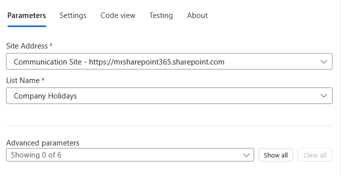 A screenshot of a settings page showing site address and list name fields. The site address is a SharePoint URL, and the list name is Company Holidays. Below, Advanced parameters is collapsed, showing 0 of 6 options.