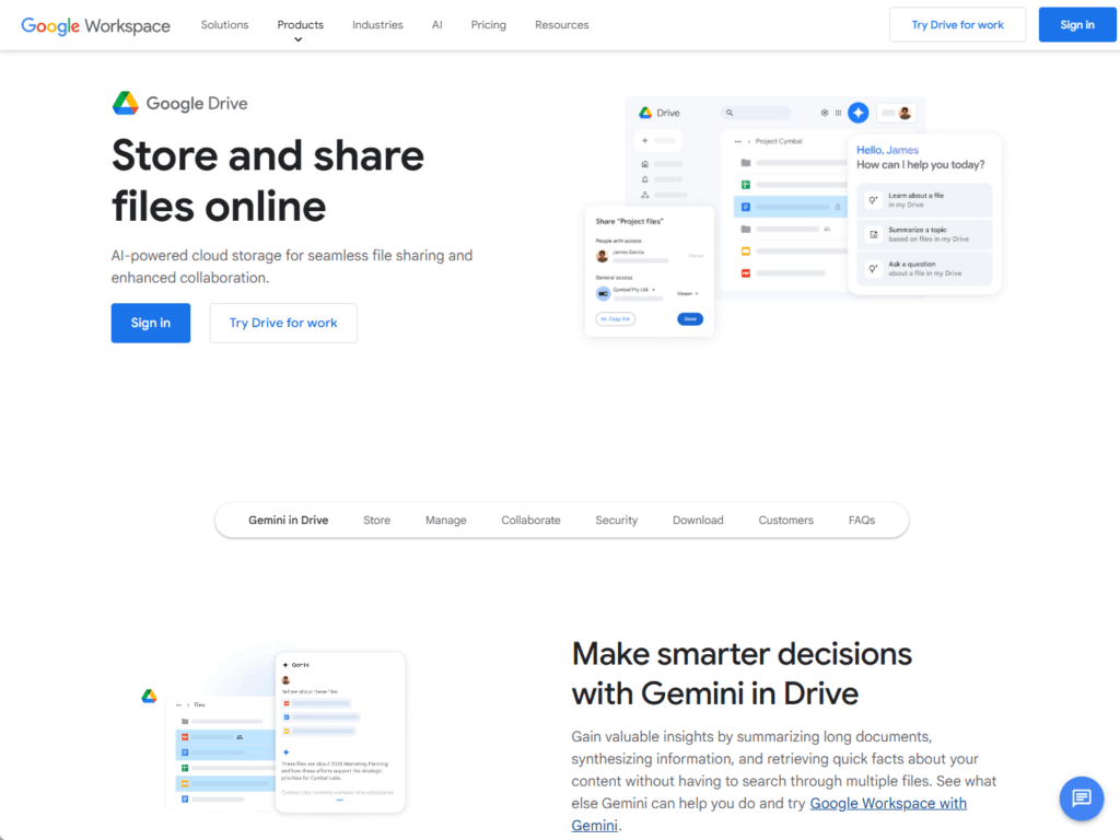 Screenshot of the Google Drive webpage showing options to store and share files online, with promotional text, a navigation bar at the top, and sections about using Gemini in Drive for smarter file insights.