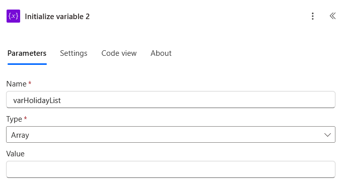 A screenshot of a variable initialization form with the name varHolidayList, type set to Array, and an empty value field. The Parameters tab is selected at the top.