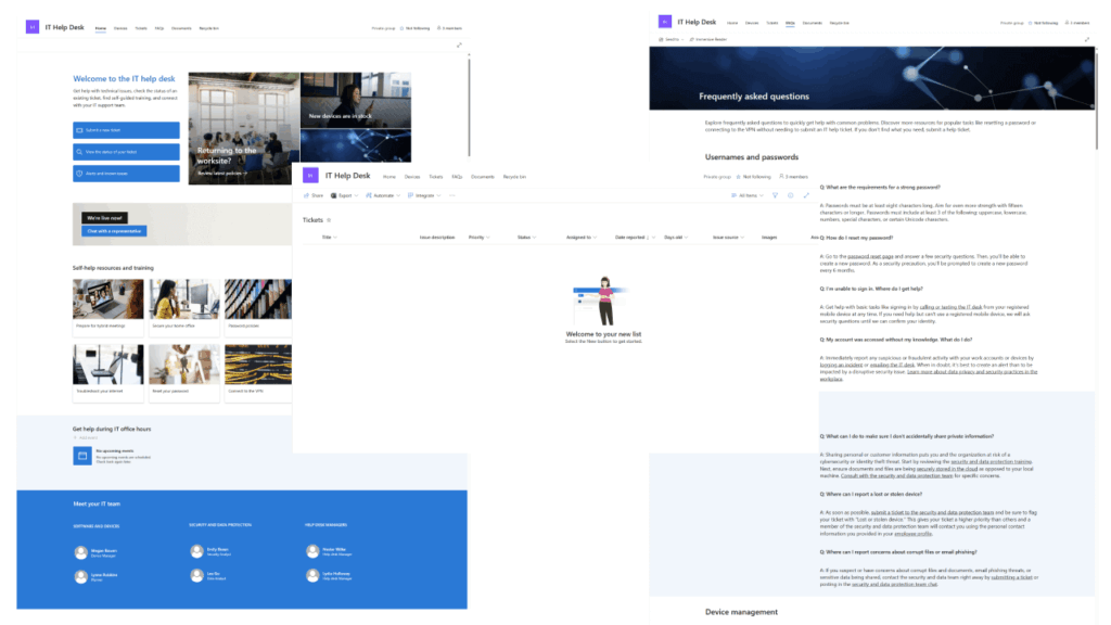 Screenshot showing SharePoint pages from the IT Help Desk Team template, including support ticket lists, FAQs, and self-help resources. The layout features a clean blue and white design with sections for submitting tickets, viewing devices, and meeting the IT team.
