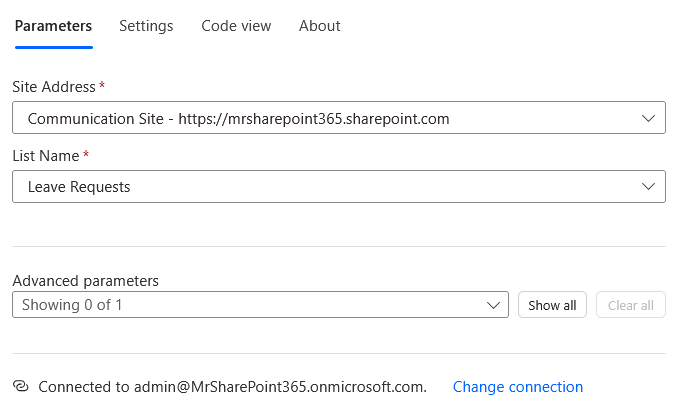 Screenshot of a settings page showing Site Address set to Communication Site – https://mrsharepoint365.sharepoint.com and List Name set to Leave Requests. Connection status indicates an admin is connected.