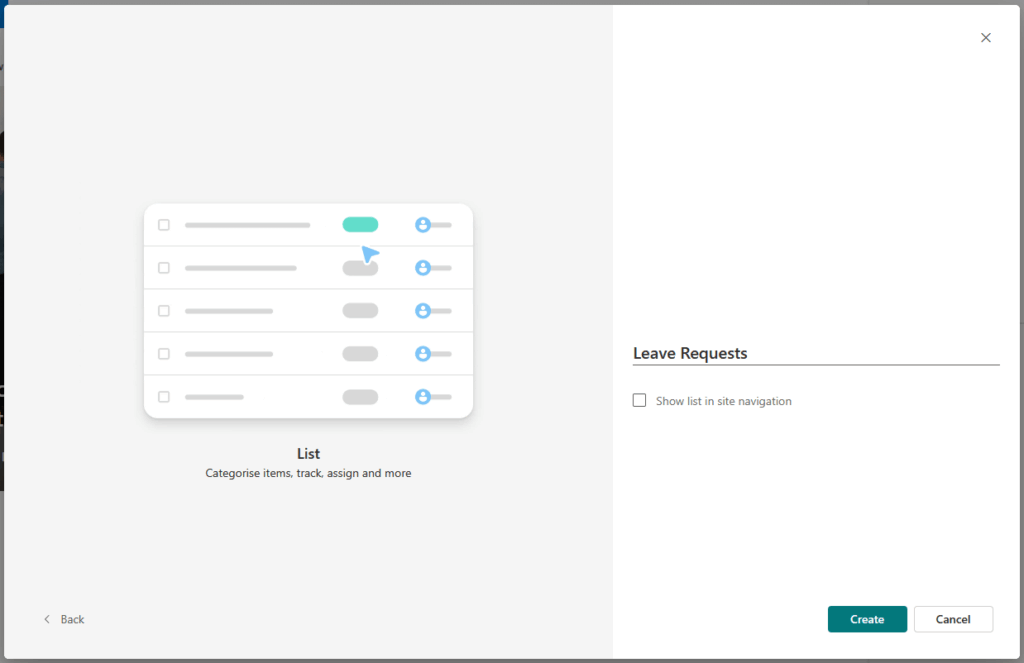 A setup screen shows an illustration of a list with toggles on the left and an option on the right to Show list in site navigation for Leave Requests. There are Create and Cancel buttons at the bottom.