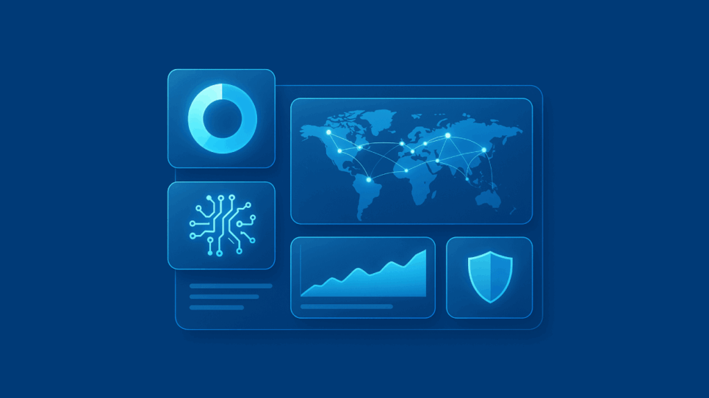 Illustration showing a digital dashboard on a blue background with glowing icons including a pie chart, a circuit board, a world map with connected nodes, a line graph, and a shield symbol, representing global technology and data security.