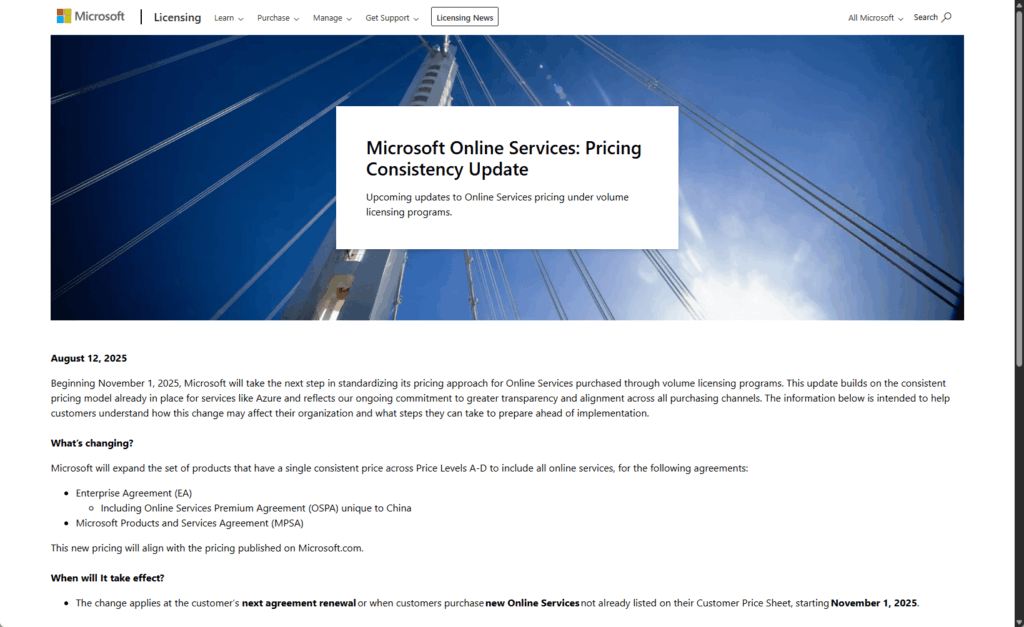 Screenshot of a Microsoft Licensing news page titled “Microsoft Online Services: Pricing Consistency Update.” It announces upcoming updates to Microsoft’s Online Services pricing under volume licensing programs, starting November 1, 2025.