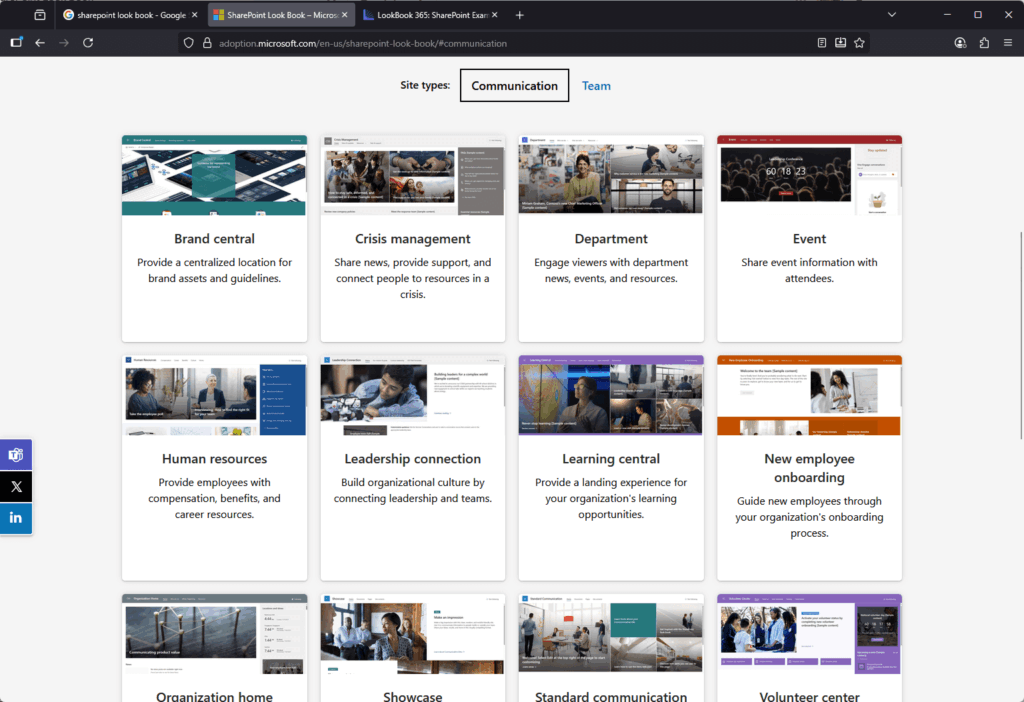 Screenshot of the Microsoft SharePoint Look Book showing various Communication site templates such as Brand central, Crisis management, Department, Event, Human resources, Leadership connection, Learning central, and New employee onboarding. Each template displays a thumbnail image with a short description of its purpose.