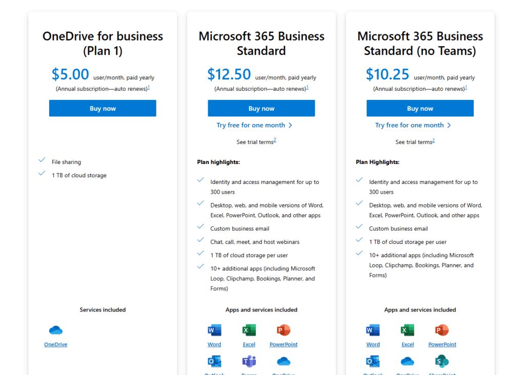 Screenshot comparing Microsoft 365 business plans. Displays OneDrive for Business Plan 1 ($5/month), Microsoft 365 Business Standard ($12.50/month), and Microsoft 365 Business Standard without Teams ($10.25/month), with plan highlights and included apps.