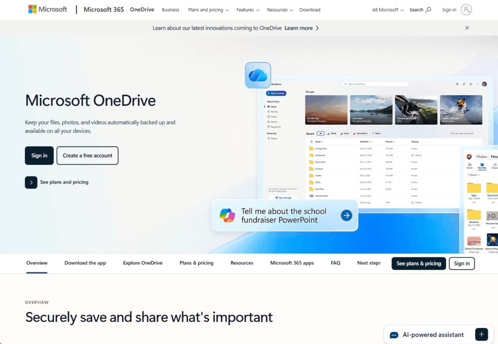 Screenshot of the Microsoft OneDrive homepage showing options to sign in or create an account, a preview of the OneDrive interface, and a chat pop-up with a question about a school fundraiser PowerPoint.