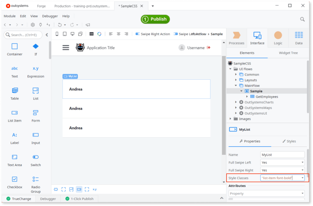 A screenshot of the OutSystems development environment shows a web app with a list titled MyList containing three items labeled Andrea. The interface displays properties and elements, with list-item-hero-bold in the Style Classes field.