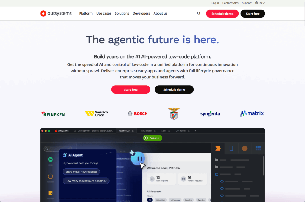 Screenshot of the OutSystems website homepage, highlighting its AI-powered low-code platform. Buttons for Start free and Schedule demo are visible, along with logos from brands like Heineken, Bosch, and Western Union.