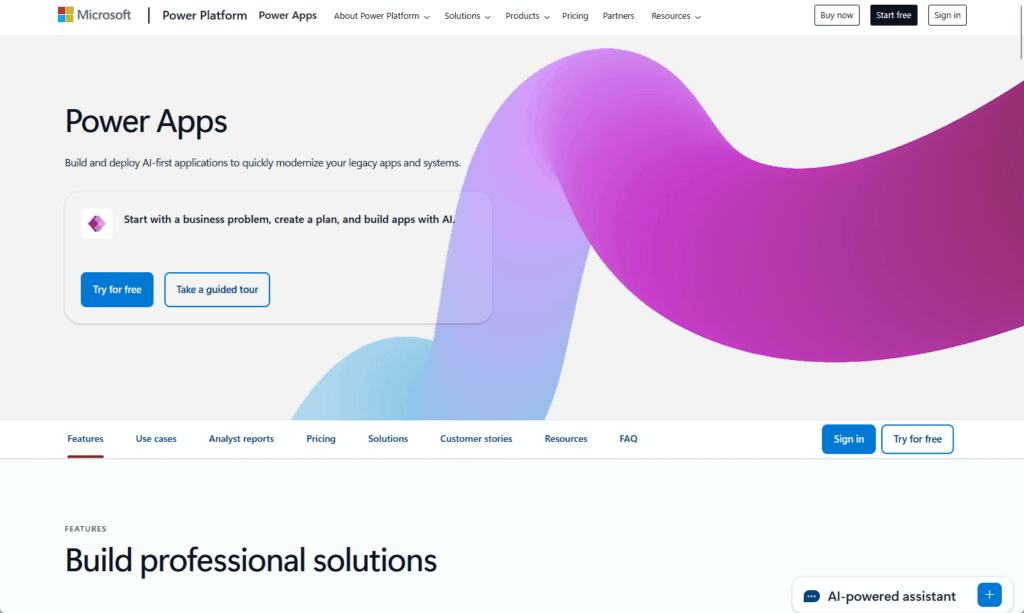 Screenshot of the Microsoft Power Apps webpage, showing options to try the service for free or take a guided tour. The page features a wavy purple-and-blue graphic and navigation menus at the top.