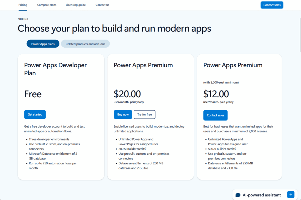 A pricing page for Power Apps shows three plans: Developer (Free), Premium ($20/user/month), and Premium with 2,000-seat minimum ($12/user/month), each with key features listed and a “Contact sales” button.