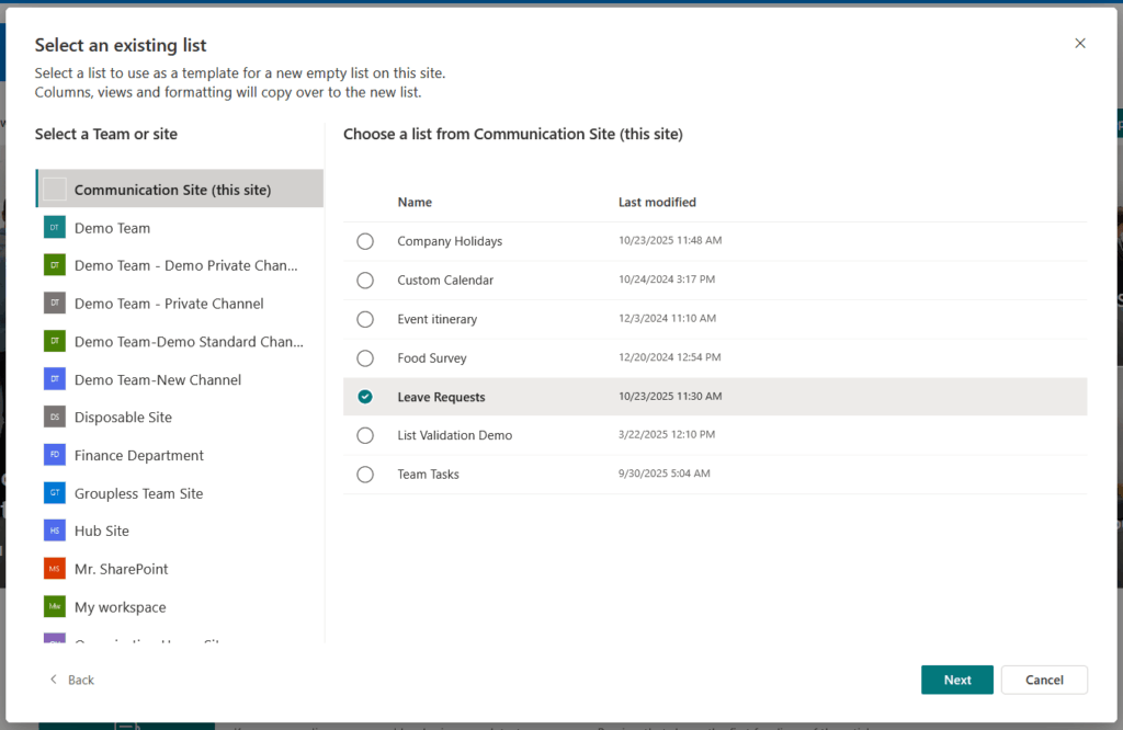 A screenshot of a Microsoft SharePoint interface showing a dialog box to select an existing list. The Communication Site is chosen, and the “Leave Requests” list is selected, with a “Next” button at the bottom right.