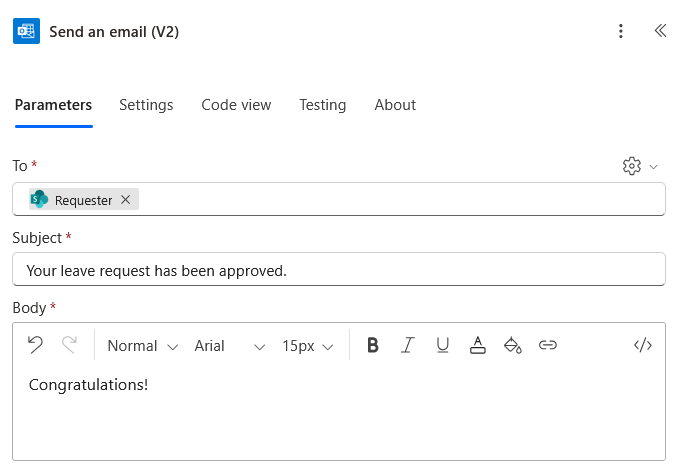 A screenshot of the Send an email (V2) form with the recipient set to Requester, subject Your leave request has been approved, and the body text Congratulations!.