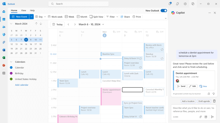 Screenshot of the Microsoft Outlook calendar interface with Copilot on the right panel suggesting scheduling a dentist appointment. The calendar shows multiple events across several days in March 2024.