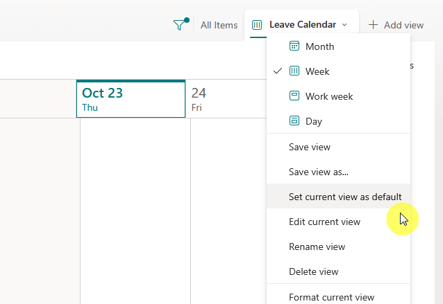 A digital calendar interface shows a dropdown menu with options like Month, Week, Work week, Day, and other view settings. A yellow cursor highlights Set current view as default.