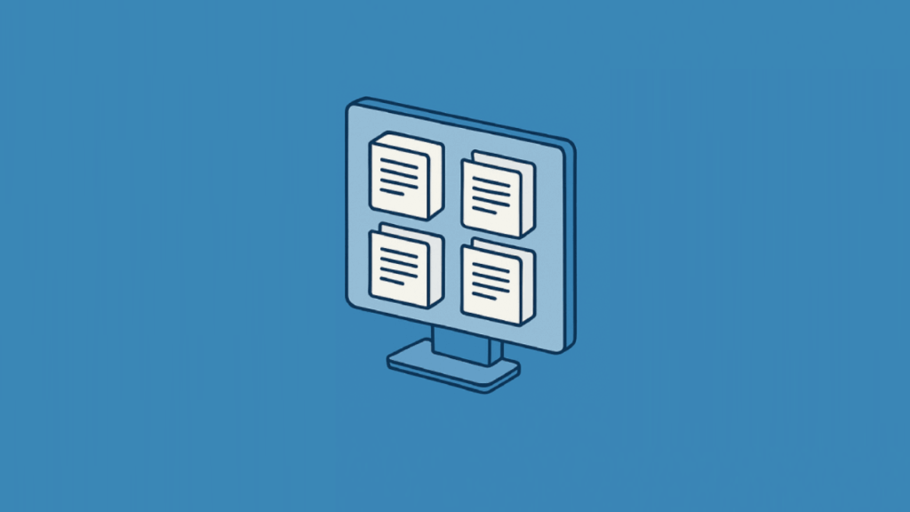 Flat design illustration showing a computer monitor displaying four documents arranged in a grid on a solid blue background, symbolizing digital document or policy management.