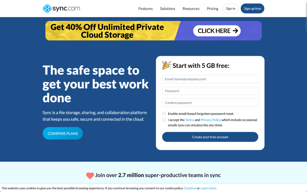 Screenshot of Sync.com’s homepage featuring a blue background, sign-up form for 5 GB free storage, a banner for 40% off unlimited private cloud storage, and a button to compare plans. Text highlights secure file sharing.