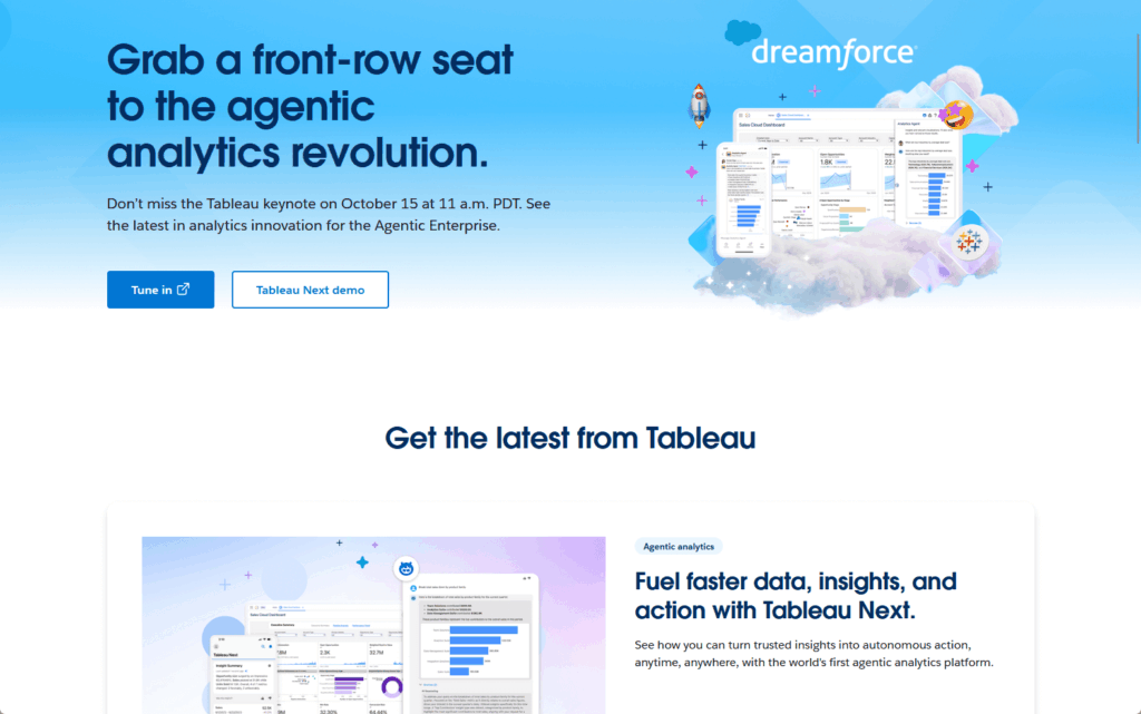A promotional webpage for Dreamforce and Tableau, highlighting an event about the agentic analytics revolution, with blue tones, charts, and call-to-action buttons for tuning in and watching a Tableau Next demo.