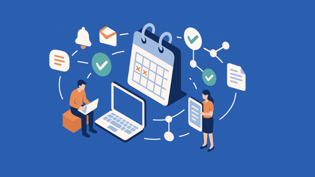 Illustration of a man with a laptop and a woman with a tablet, surrounded by a large calendar, check marks, documents, and communication icons, representing planning and task management on a blue background.