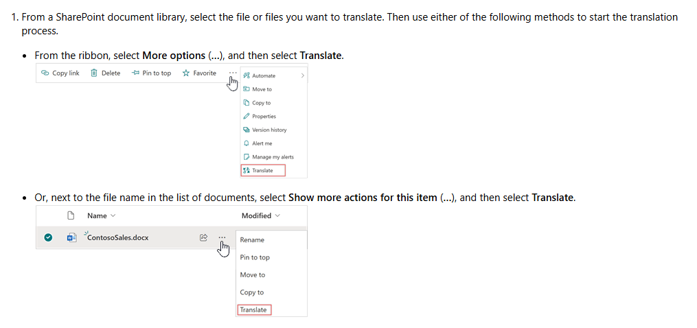 Screenshot showing how to translate documents in SharePoint. It demonstrates selecting “More options” or “Show more actions” from a file menu and then choosing “Translate” to start the translation process.