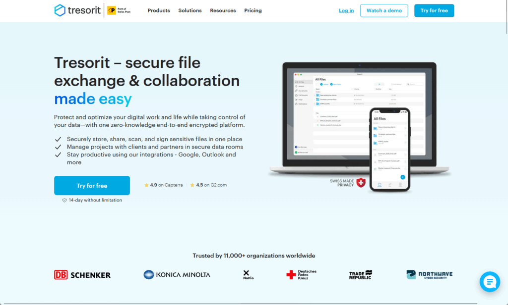 Screenshot of Tresorit’s homepage showing secure file exchange and collaboration services with a laptop and mobile phone image, security features, and logos of client companies at the bottom.