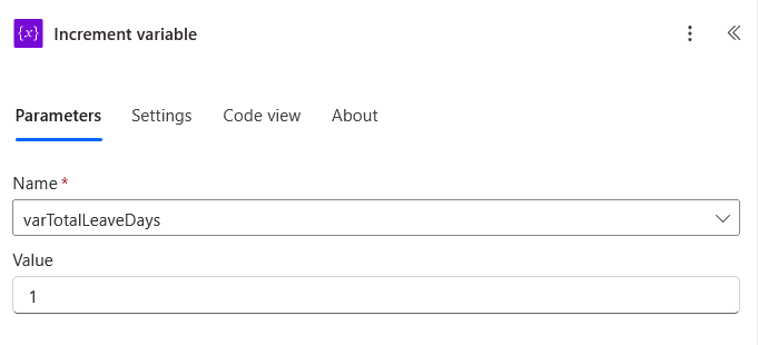 A screenshot of an Increment variable settings panel showing the Name as varTotalLeaveDays and the Value set to 1 under the Parameters tab.