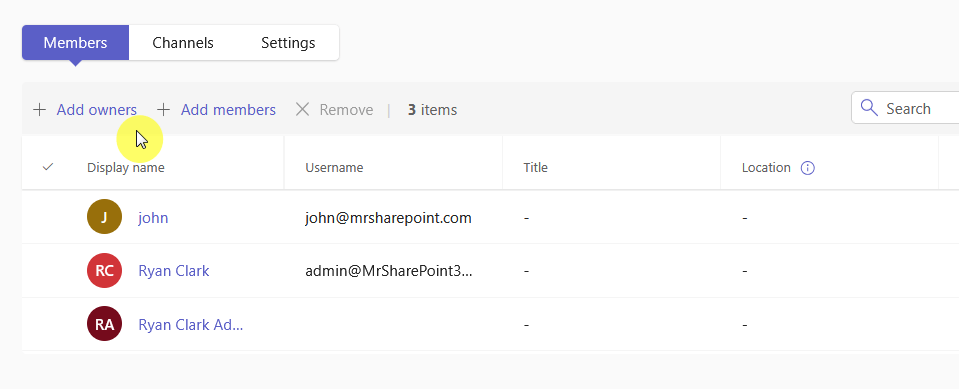 A screenshot of a members management interface showing options to add owners and members, remove users, and a list with display names, usernames, titles, and locations. Three users are listed with circular initials icons.