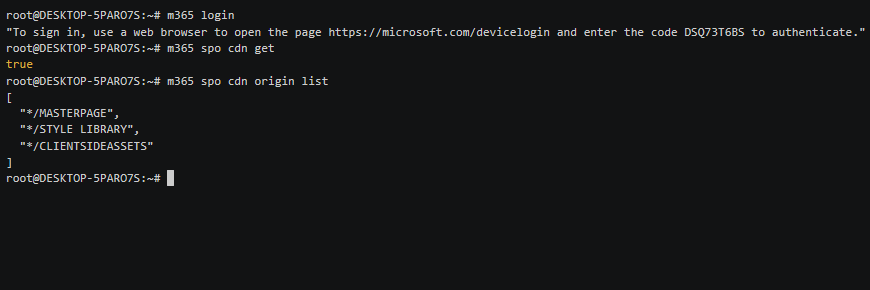 A terminal window displays commands for logging into Microsoft 365, authenticating via a browser, and listing SharePoint CDN origins, showing paths like /MASTERPAGE/, /STYLE LIBRARY/, and **/CLIENTSIDEASSETS/.