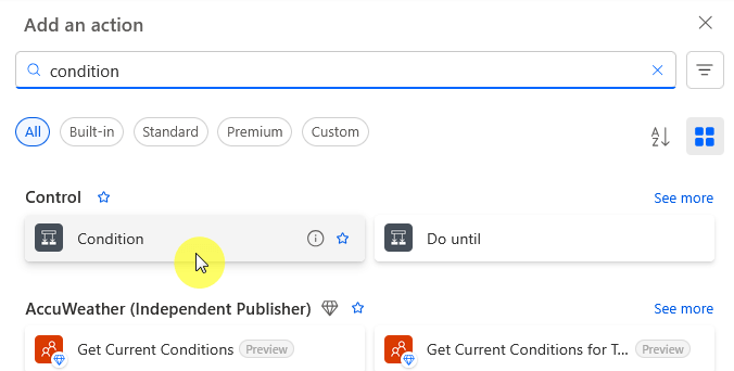 A user interface displays an Add an action panel with a search for condition. The Condition and Do until options appear under the Control section. A yellow cursor highlights the Condition button.