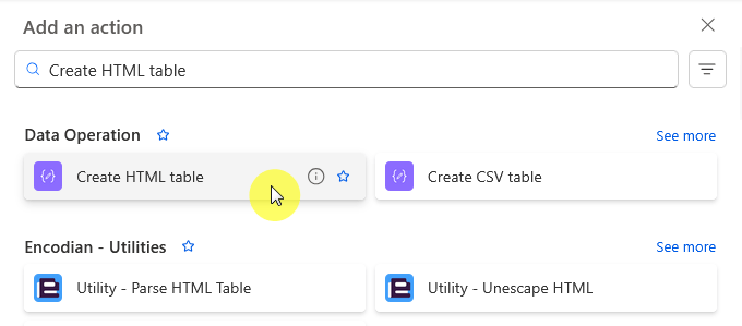 A user interface for adding an action, with Create HTML table highlighted under Data Operation. Other options include Create CSV table, Parse HTML Table, and Unescape HTML. A search bar is at the top.