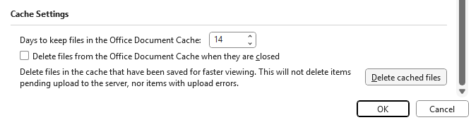 Screenshot of Cache Settings showing options to set days to keep files in Office Document Cache, a checkbox to delete files when closed, and buttons for Delete cached files, OK, and Cancel.