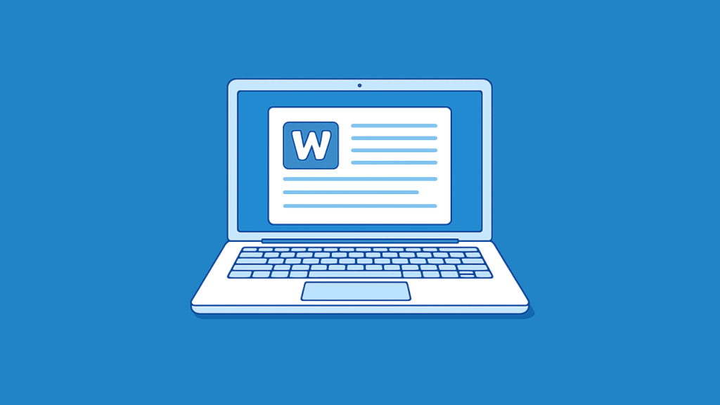 Illustration of a laptop displaying a document with the Microsoft Word logo on the screen, set against a solid blue background.