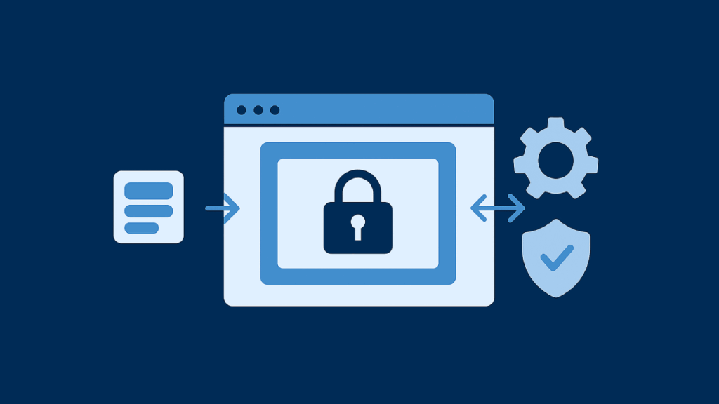 A digital illustration of a web browser window with a padlock symbol in the center, surrounded by icons of a document, gear, and shield, representing online security and data protection.