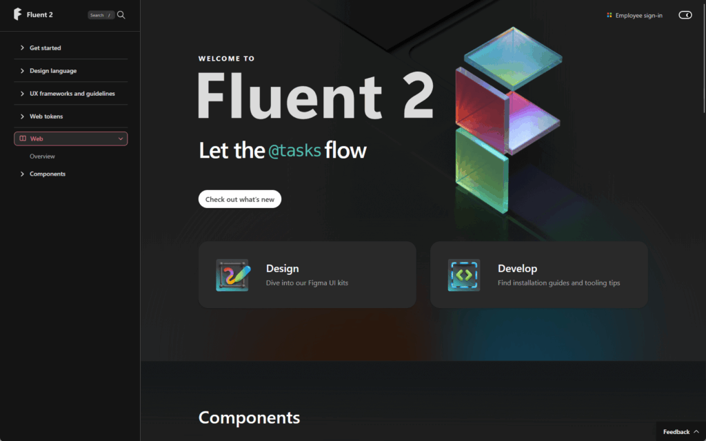 Screenshot of a dark-themed web interface for Fluent 2 showing navigation on the left and main content about design and development kits in the center with colorful geometric graphics and a “Let the @tasks flow” headline.