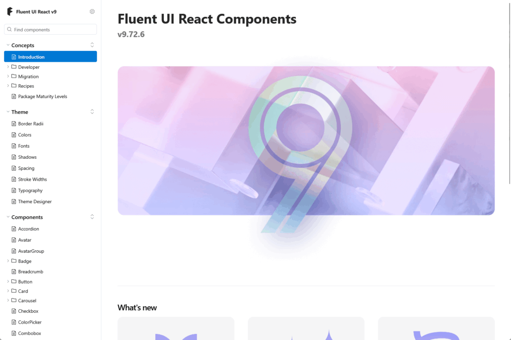 Screenshot of the Fluent UI React Components documentation page, showing a large number 9 graphic in the center, with a sidebar menu listing concepts and components on the left.