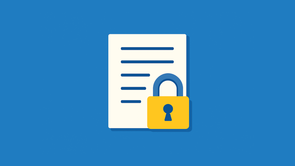 A white document with blue text lines is shown on a blue background, with a large yellow padlock icon overlaid on the lower right corner of the document, symbolizing security or privacy.
