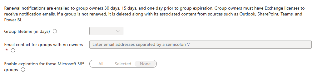 Screenshot of a settings page for Microsoft 365 groups, showing options to set group lifetime in days, enter email contacts for groups with no owners, and enable expiration for all or selected groups.
