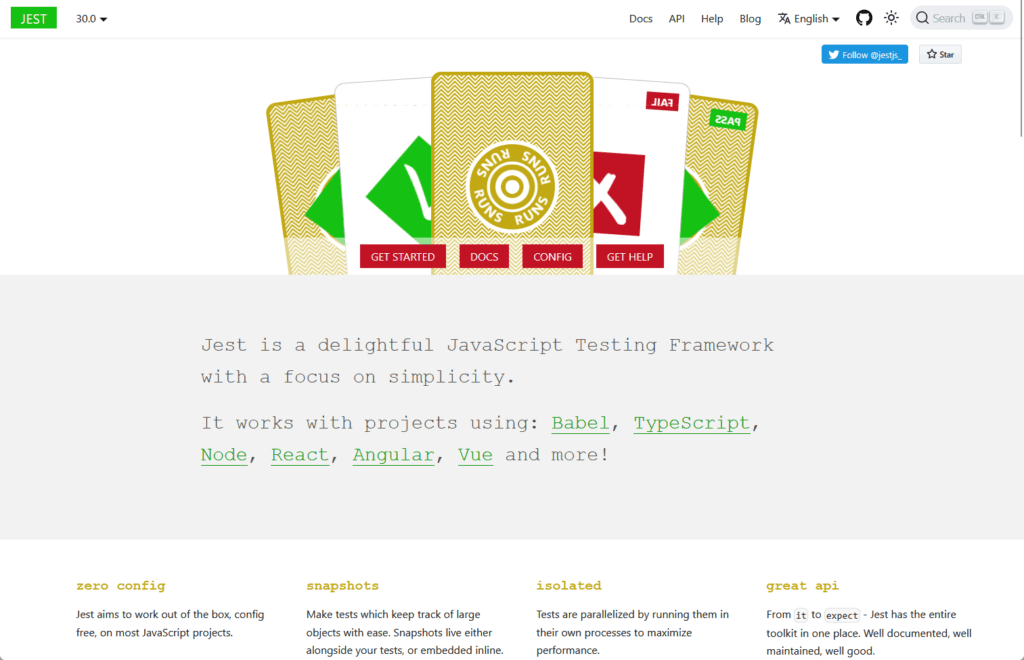 Screenshot of the Jest website homepage showing playing cards, the Jest logo, and text describing Jest as a JavaScript testing framework that works with Babel, TypeScript, Node, React, Angular, and Vue.