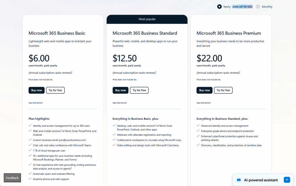 Screenshot of a Microsoft 365 pricing comparison table for Business Basic ($6), Business Standard ($12.50), and Business Premium ($22) plans, showing features, monthly prices, and “Buy now” buttons for each option.