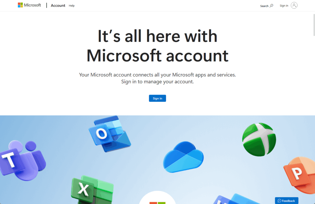 Screenshot of the Microsoft account sign-in page with the headline It’s all here with Microsoft account, a blue Sign in button, and floating icons of Microsoft apps on a blue background.